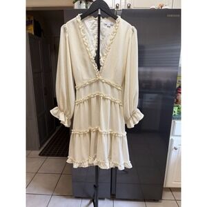 Beige Ruffle Tiered Mini Dress Open Back Long Sleeve V-Neck Chiffon Style Small